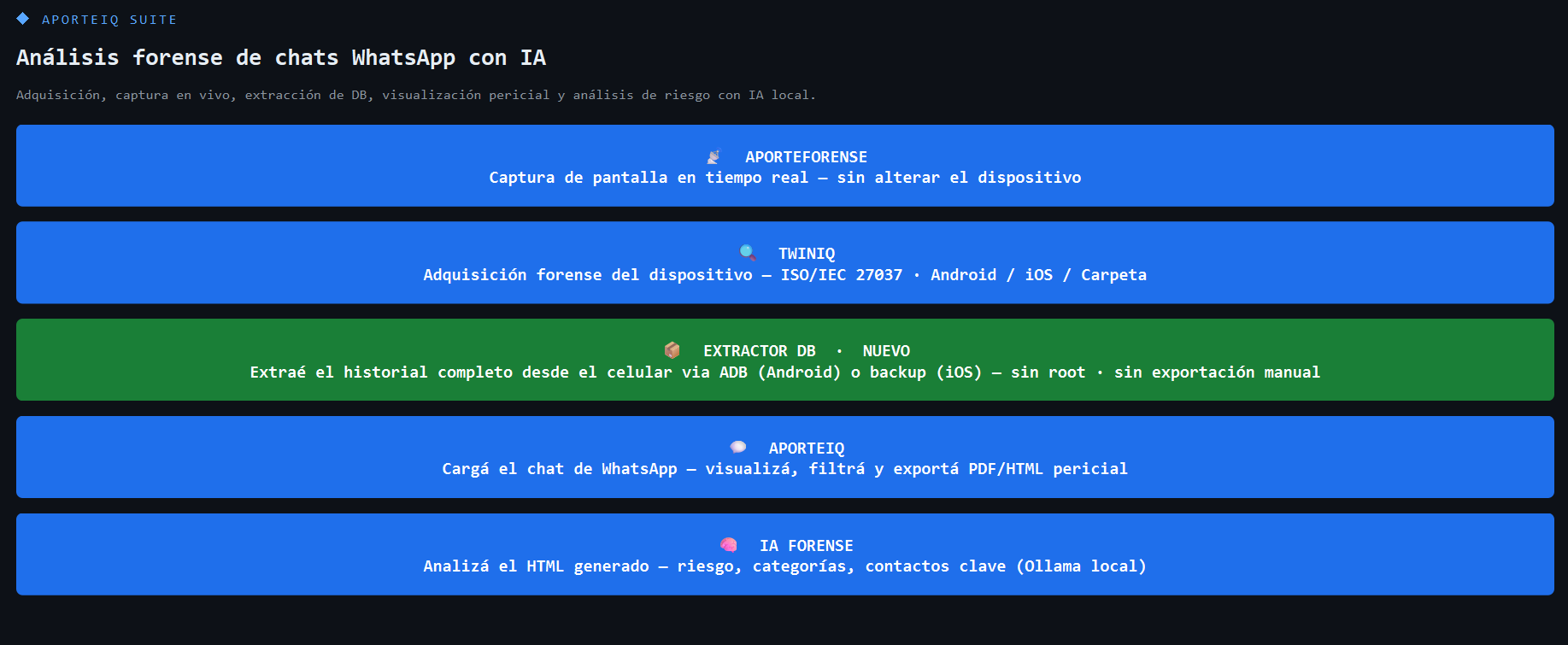 AporteIQ Suite — pantalla de módulos del flujo forense
